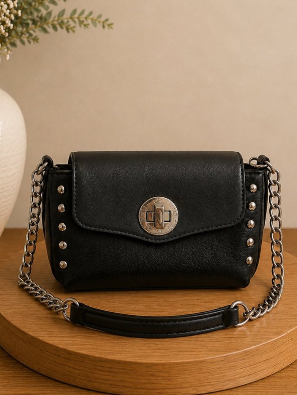 L.Credi Black Leather Mini Studded Crossbody Bag Silver Chain Strap Alt Goth